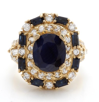 5.60 Carat Natural Blue Sapphire and Diamond in 14K Solid Yellow Gold Women Ring