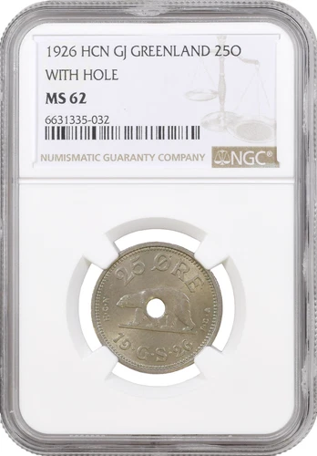 Greenland 25 ore 1926 HCN, NGC MS62, "King Christian X (1912 - 1947)" WITH HOLE
