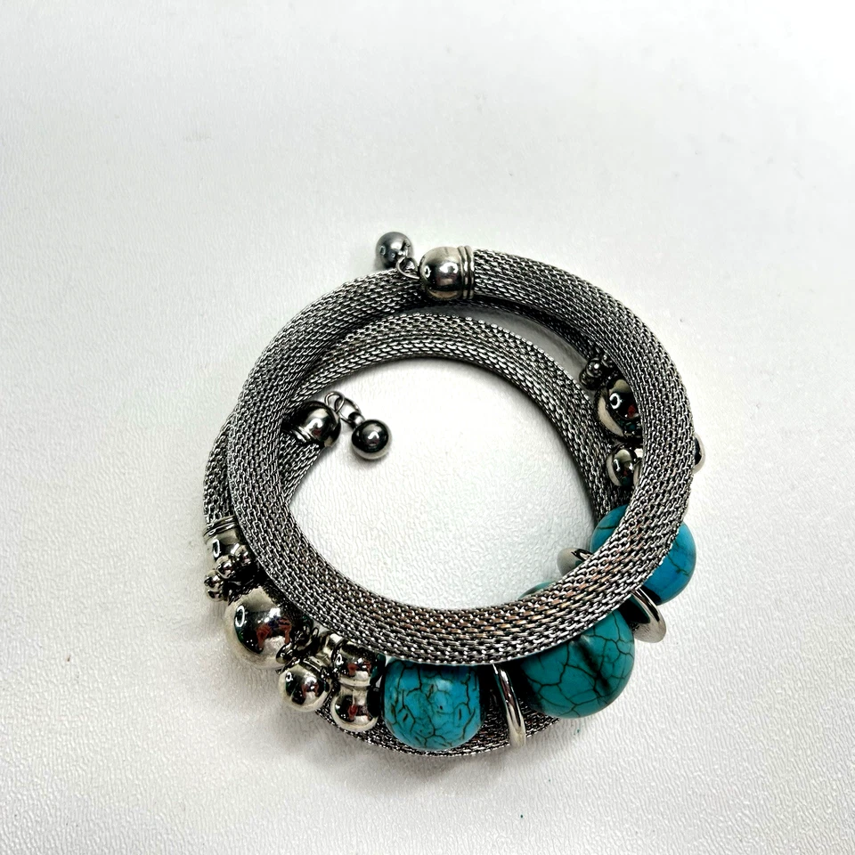 Mesh & Howlite Wrap Bracelet Silver and Turquoise - Image 2 of 4