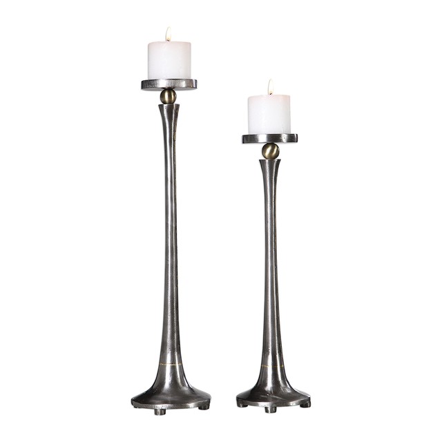 Sleek Rustic Cast Iron Pillar Candle Stick Holder Set 2 Silver Gold