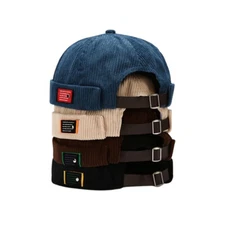 Women Men Corduroy Skullcap Sailor Hat Cap Docker Beanie Brimless Rolled Cuff