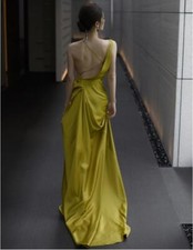 Elegant spaghetti strap Open Back Ruffle Long Train Gown Cocktail Evening Dress