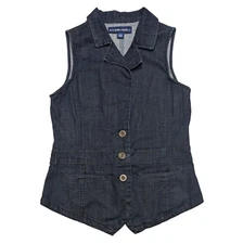 Vintage Y2K Denim Vest Womens Medium Blue Jean Back Buckle Pockets Fitted 2000s