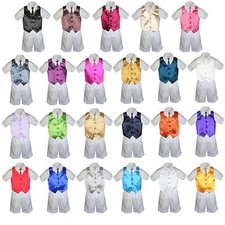 4pc Boys Toddler Formal Baby WHITE Shorts Color Vest and Clip on Necktie