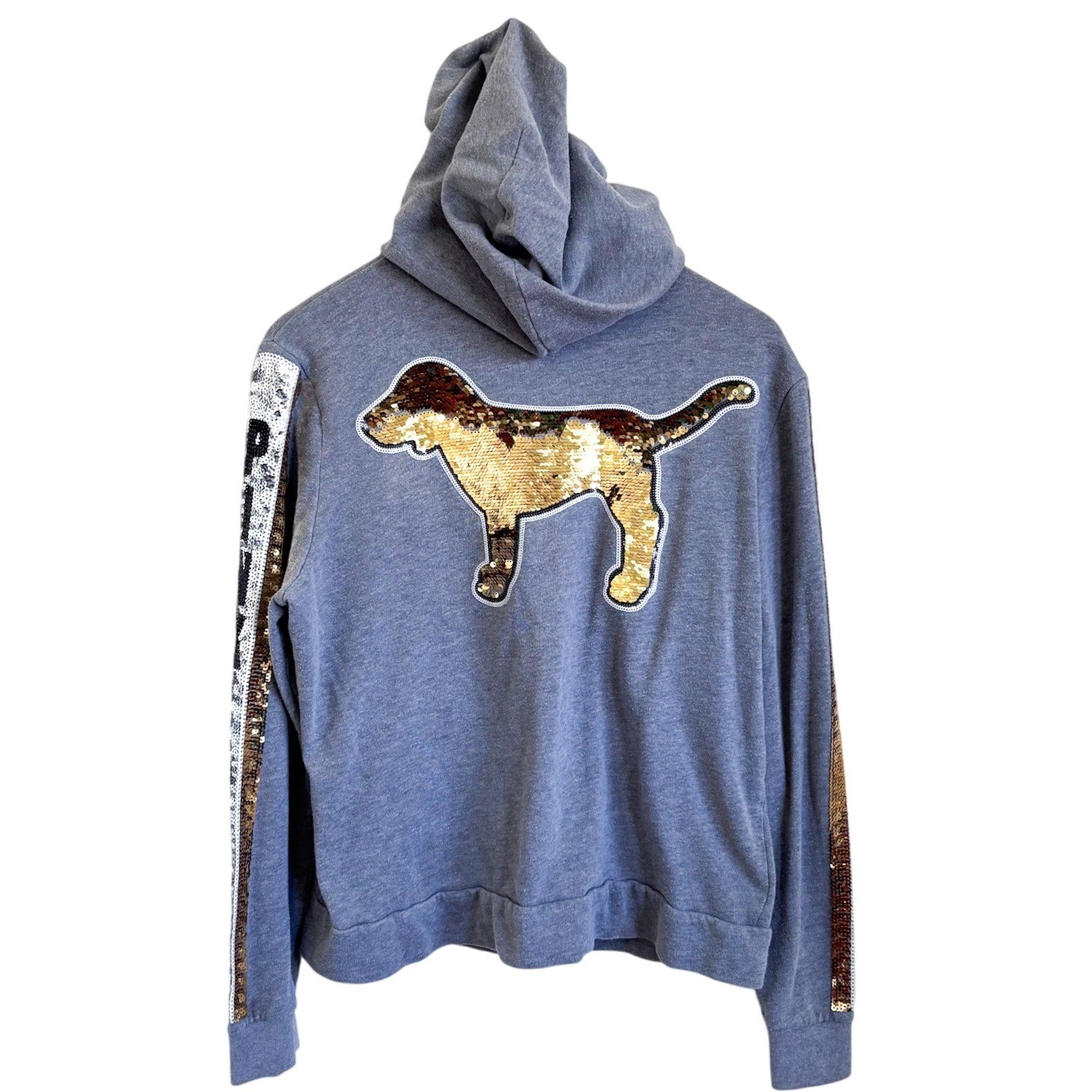 Victorias Secret PINK Bling Sequin Zip Hooded Jacket Size L Gray Gold Dog Y2K