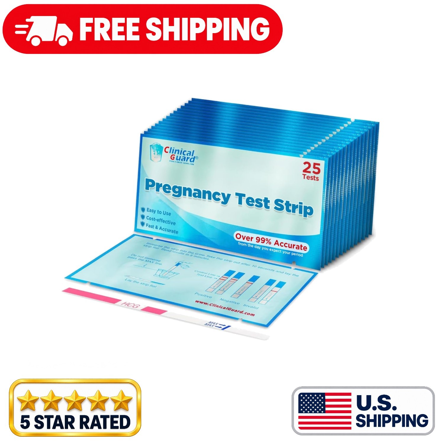 HCG Pregnancy  Strips - 25 Count for Early Detection & Clear Results