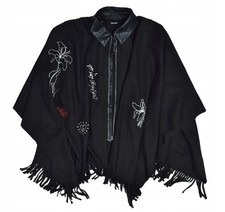 DESIGUAL Women's Black Fringed Poncho