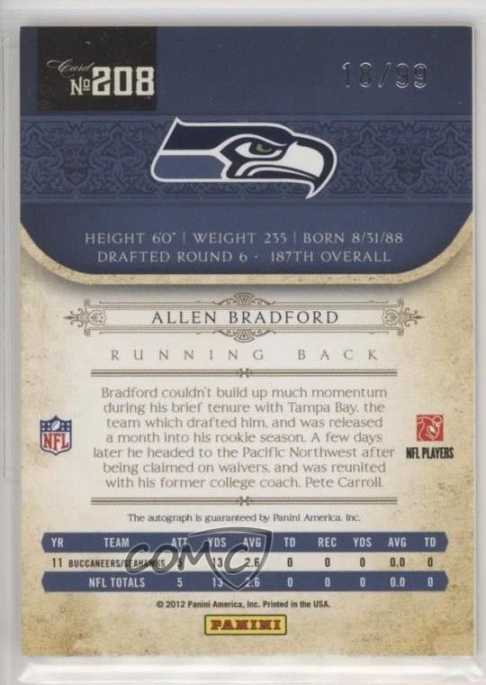 2011 Playoff National Treasures Rookie /99 Allen Bradford #208 Rookie Auto RC - Image 2 of 2