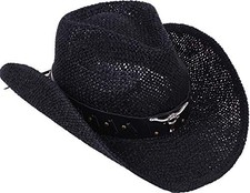 OS, Black - Livingston Men Women's Woven Straw Cowboy Hat w/Hat Band