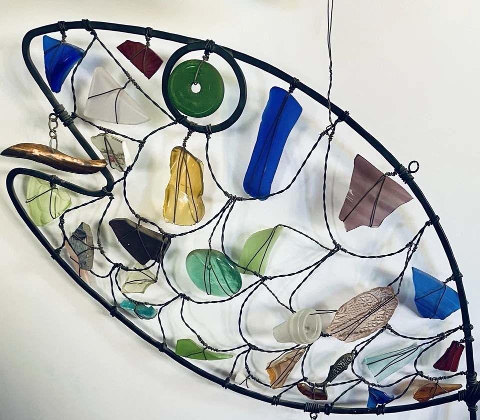 "Escultura móvil de vidrio de mar de alambre de pescado MCM arte moderno estilo calder grande 19""" Foto 3 de 4