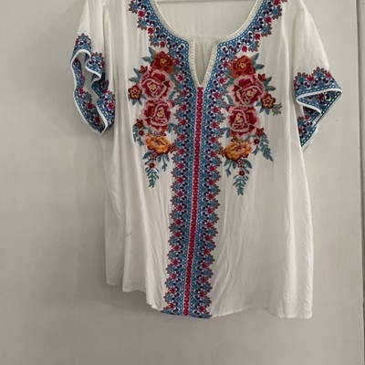 Angel Heart Boutique Red Tunic Top Multicolored Embroidered Floral Print 3X