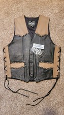 Mens Vtg MOB 6355 Black Brown Leather Braided Motorcycle Biker Western Vest M