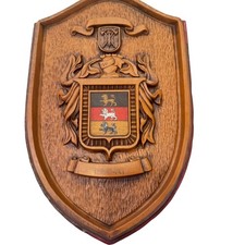 Vintage Wood-look Oberg Family Crest Coat Of Arms Wall Plaque Shield 15x9