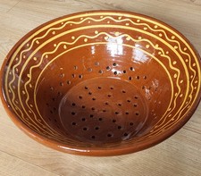 Superb Rare Large 15" x 7" Antique Glazed Brown/Yellow Slipware Colander