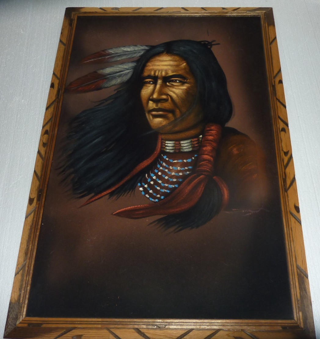 Vtg Large  Velvet Native American Man Painting Wooden Frame Mexico 39