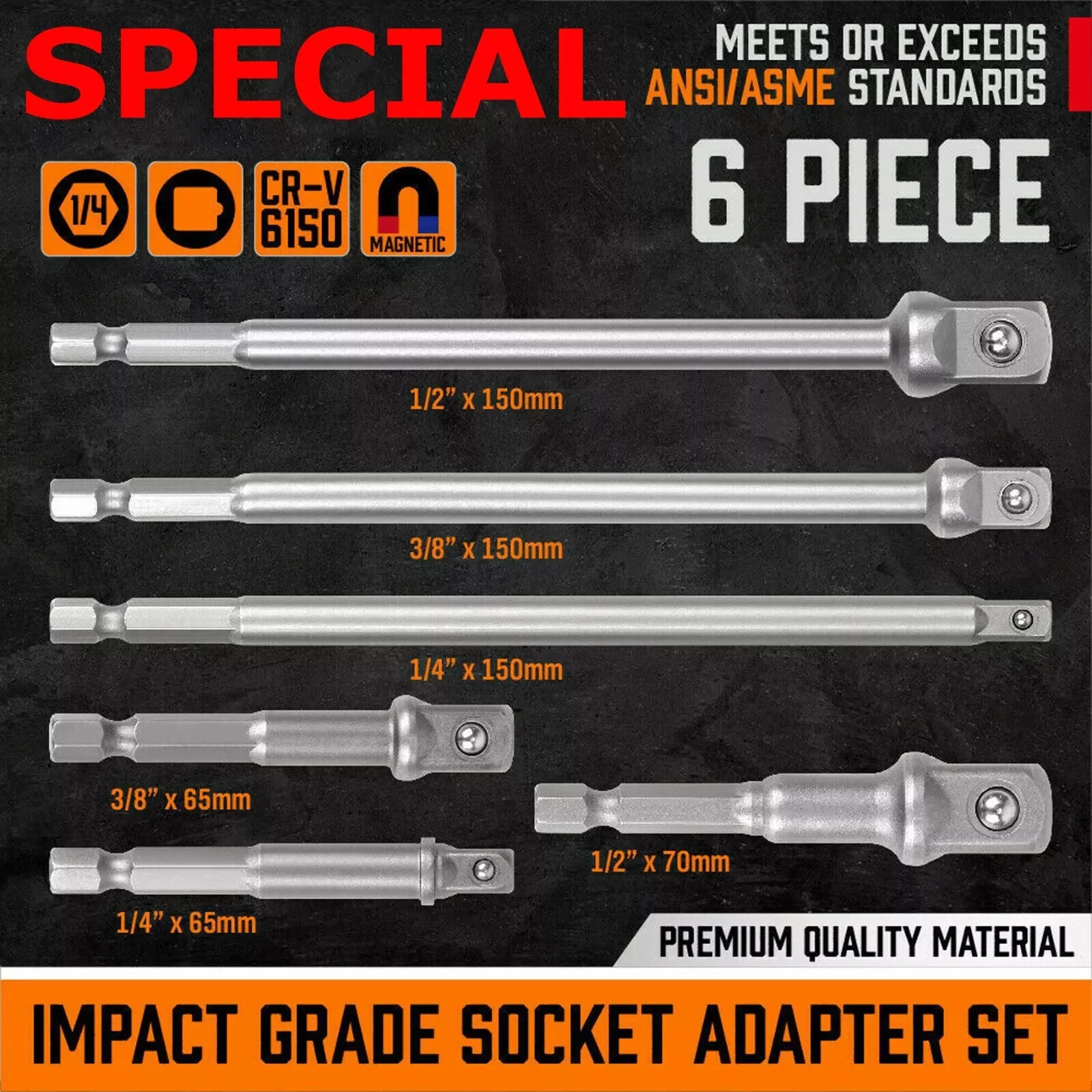 6 pc 6" & 3" Impact Grade Socket Adapter Set 1/4" 3/8" 1/2" 