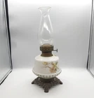 Antique Floral Painted Milk Glass Hurricane Oil Lamp CLIMAX Footed Brass