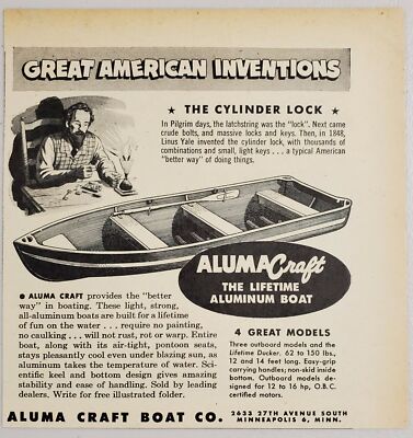 1949 Print Ad Aluma Craft Aluminum Boats Yale Lock Inventor Minneapolis,MN