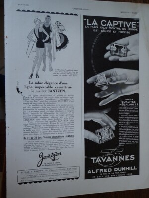 DUNHILL Uhr TAVANNES LA CAPTIVE + Trikot JANTZEN Pub Papier ILLUSTRATION 1930