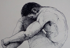 Hand Drawn Black Pen & ink Drawing of a Male Nude in a Crouched Seated Pose