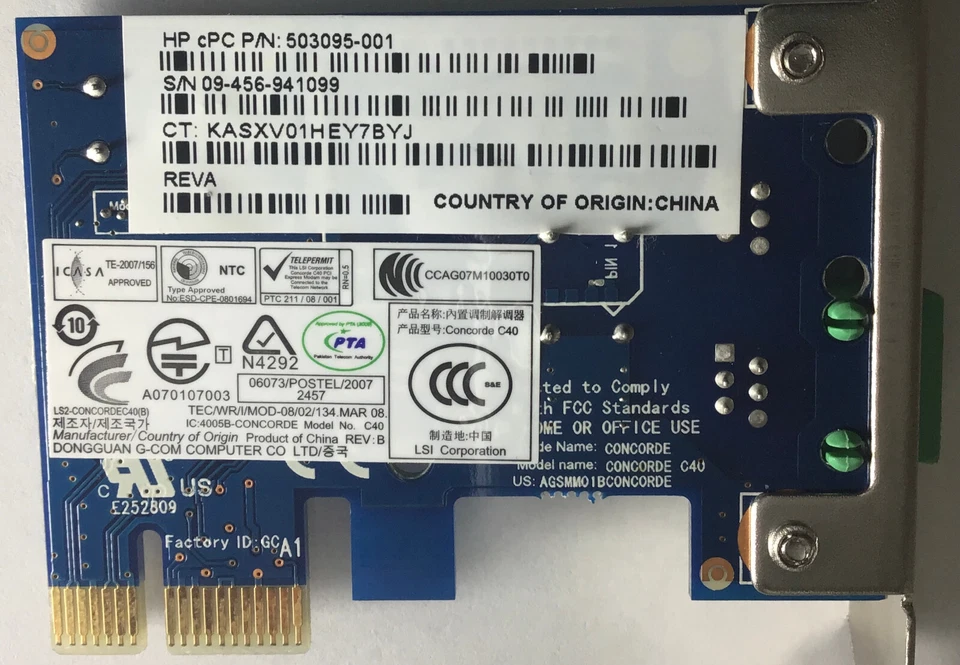 HP OEM FAX Modem Card ANATEL CONCORDE C40 503095-001 LSI CONCORDE CNC 54-6147 - Image 3 of 4