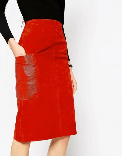 NWT-Orange REAL leather suede pencil skirt by ASOS size US 2 UK 6: 26” long - Image 2 of 3