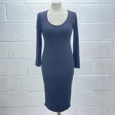 PLT BLACK JERSEY MIDI DRESS PLUNGE NECK LING SLEEVE Y2K UK 10