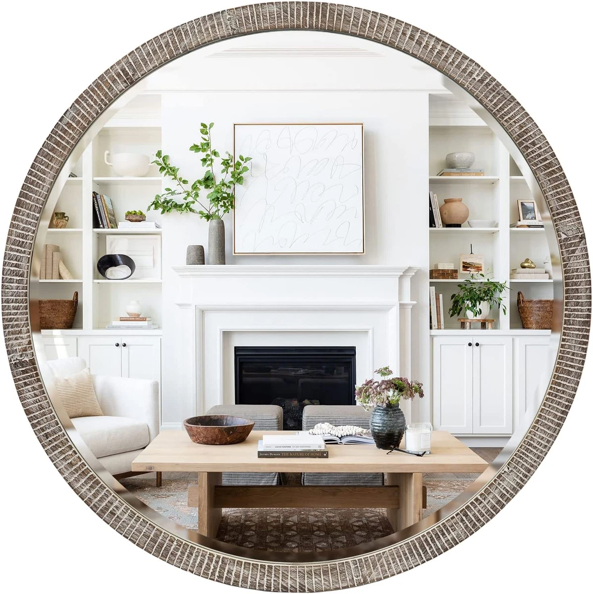 Large round cheap wooden mirror
