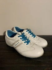 Ecco Leather Lace Up Soft Spike Golf White & Turquoise Shoes Women's EUR Size 39