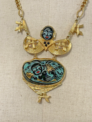 Vintage Buddha/Chinese/Asian Molded Glass & Enamel Bib Statement Necklace -G119 - Picture 2 of 7