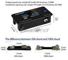 DC 0-200V 10A/50A/100A Shunt Digital LED Voltage Current Temperature Power Meter