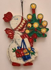 SWEDISH ANGEL w CANDLE LIT TREE & GIFTS * Glitter CHRISTMAS ORNAMENT * Vtg Img