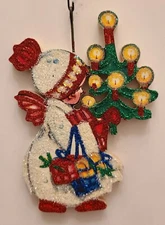 SWEDISH ANGEL w CANDLE LIT TREE & GIFTS  * Glitter CHRISTMAS ORNAMENT * Vtg Img