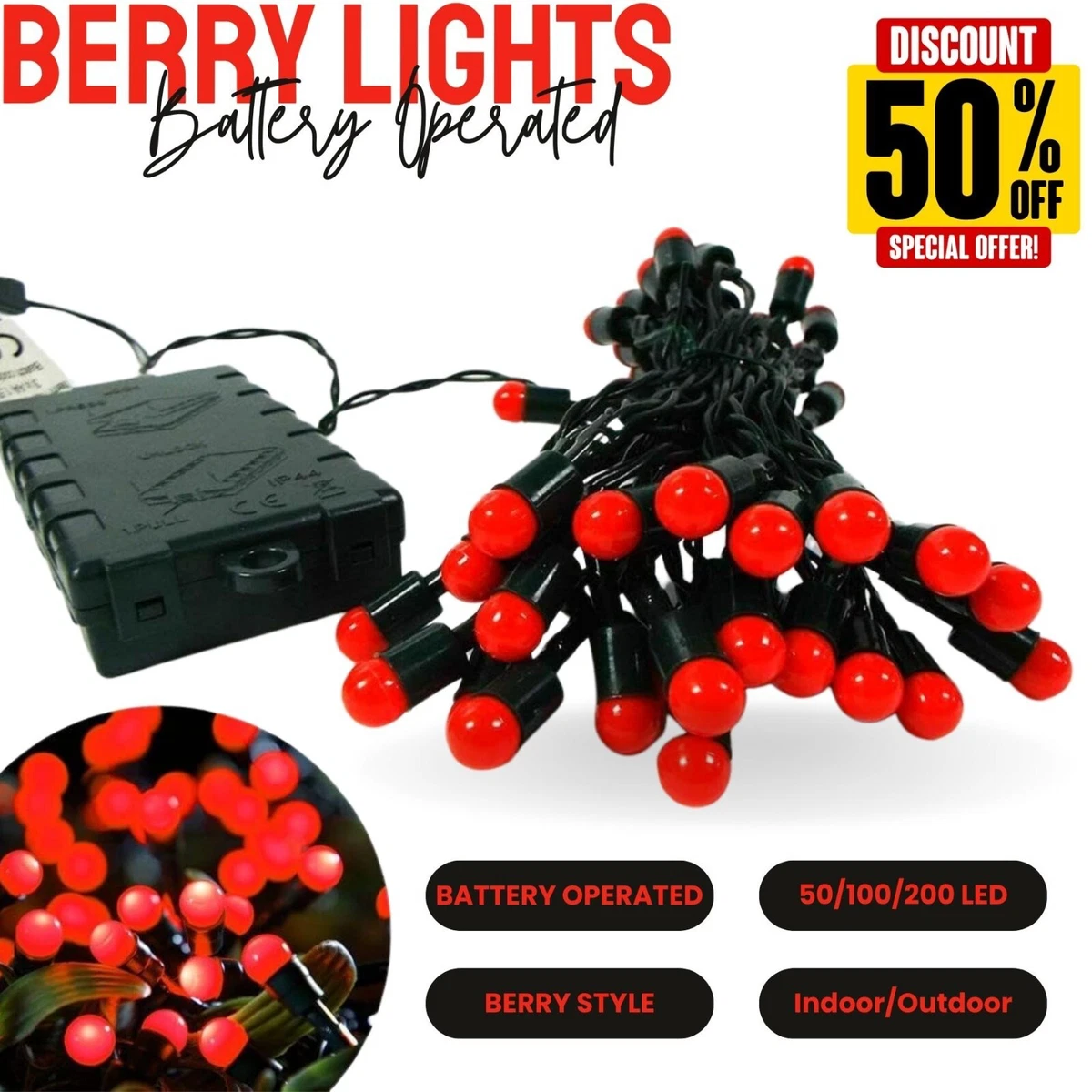 Battery Operated Berry Christmas Lights Red String Xmas Fairy