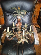 Italian Tole Hollywood Regency Chandelier Swag Lamp Tulips Verde Gris Italy Tag