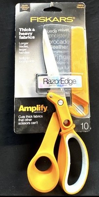 fiskars amplify thick & heavy fabric shears 10 inch creased packaging