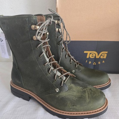 DEFECT WOMENS 9.5 OLIVE TEVA ROWENA LACE LEATHER WATER RESISTANT BOOTS 1141354