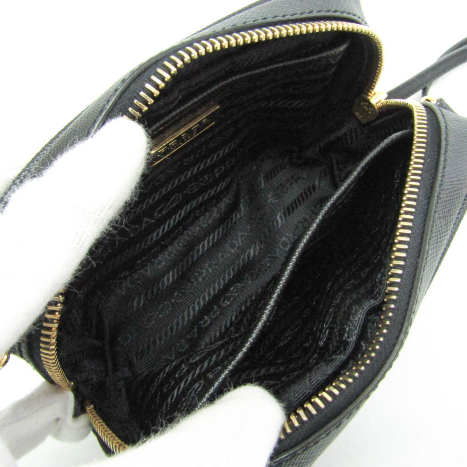 PRADA Saffiano leather Black Gold Hardware Crossbody Bag Pouch 1N1674 Women's