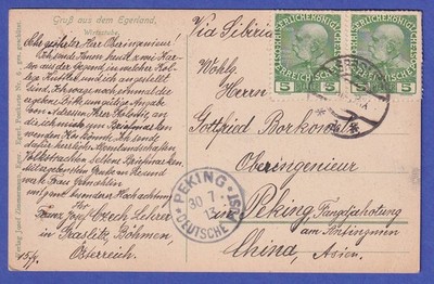 Österreich 1913 Ansichtskarte Egerländer Trachtler gelaufen nach PEKING China
