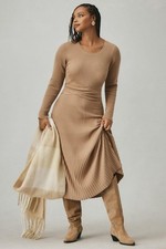 By Anthropologie -Long-Sleeve Ribbed Sweater Midi Dress Beige UK L RRP £160