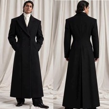 Black Full Length Men's Overcoat Double Breasted Wool Warm Business Outdoor Wear