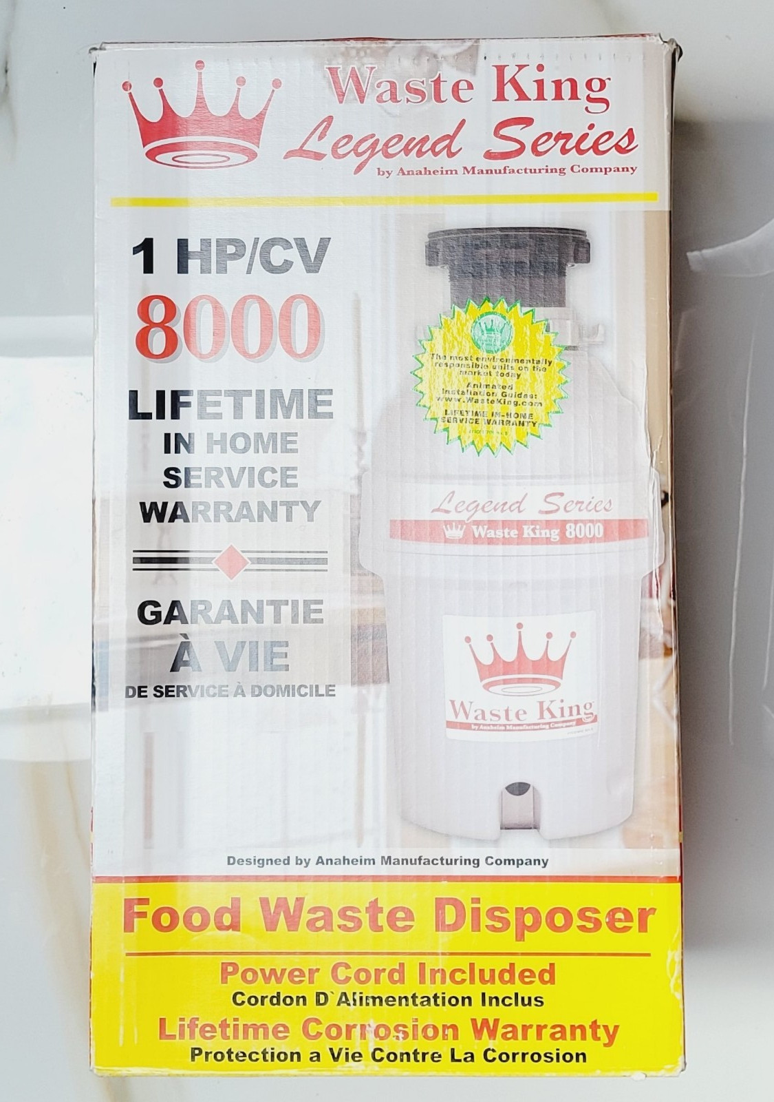 WASTE KING LEGEND SERIES 8000 GARBAGE DISPOSER 1HP 2800 RPM MOTOR