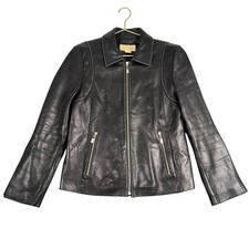 Chaqueta de cuero negra Michael Michael Kors para mujer puntada en contraste cremallera talla M 978