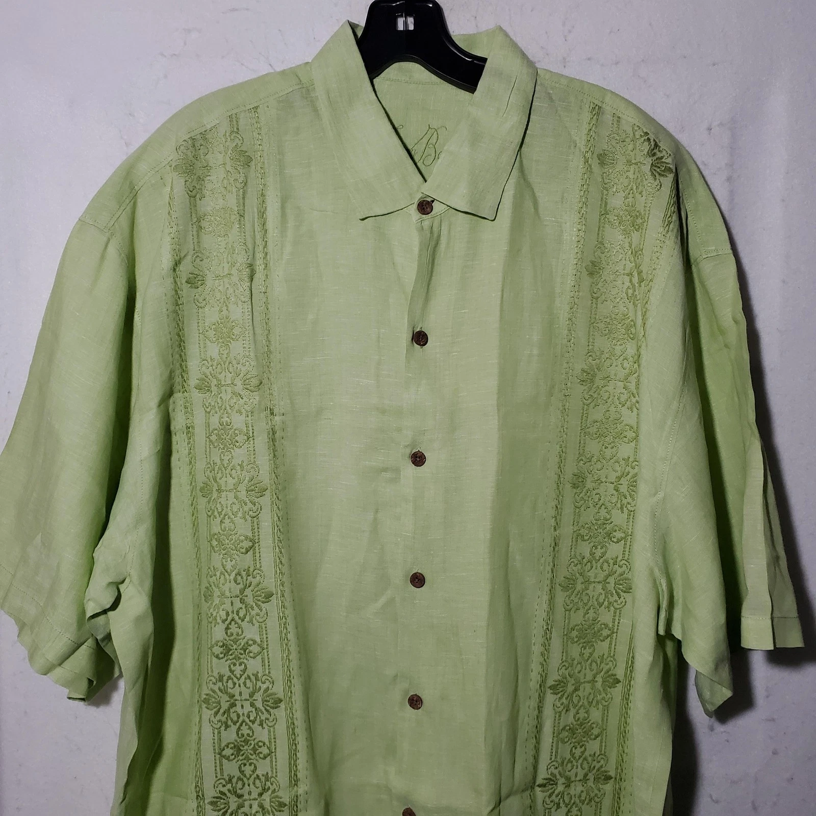 Tommy Bahama Shirt Mens 2XL Green Linen Floral Button Up Short Sleeve