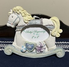 Vtg Baby's Beginnings Rocking Horse Picture Frame 2  x3  Photo White Ceramic