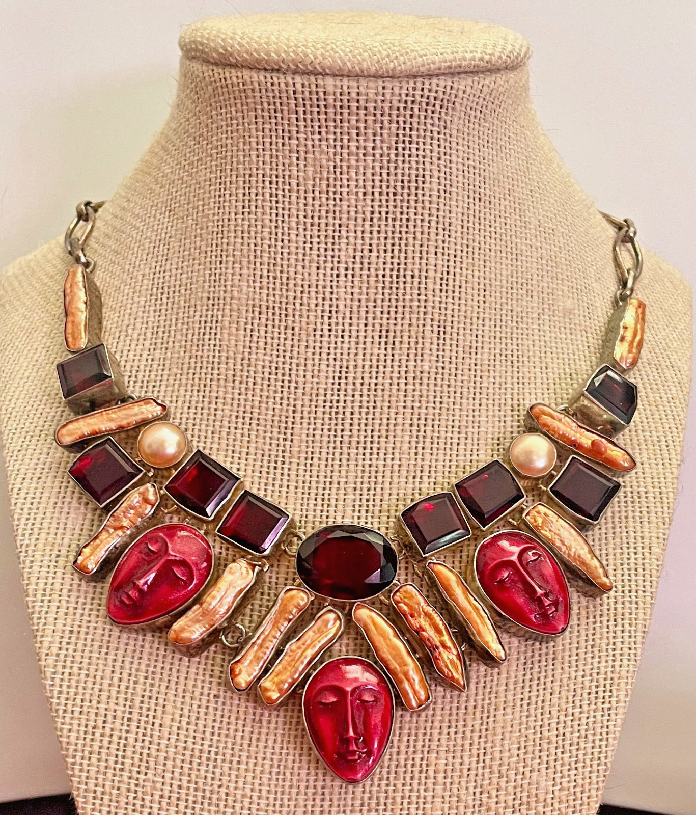 Artisan Silver Plated Statement Necklace Red Crys… - image 6