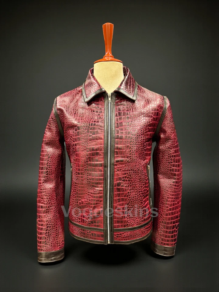 Men's Red Leather Jacket Crocodile Embossed Pattern Alligator Leather Jacket - Image 3 of 4