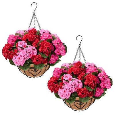 2 Set Artificial Geraniums for Outdoors with Hanging Baskets, 12 Bundles UV R...