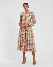 Mac Duggal 8130 Multicolor Long Sleeve Ruffle Criss Cross Midi Dress Sz 12 NWOT