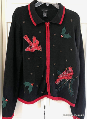 Jason Maxwell Christmas Black Cardigan Sweater L Cardinal Sequin Birds Knit Top